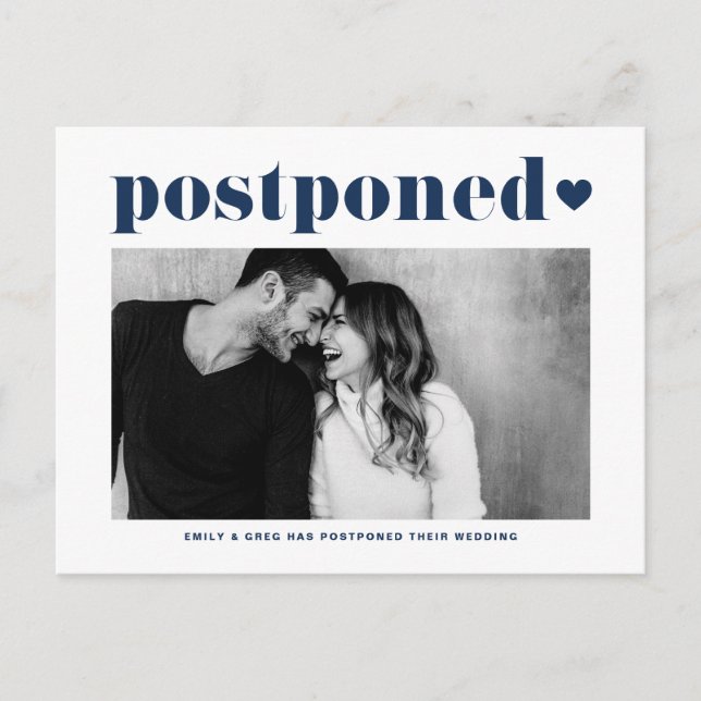 Retro Typography Blue Photo Wedding Postponement Announcement Postcard (Front)