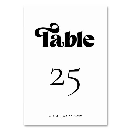 Retro Typography Bold Black White Simple Wedding Table Number