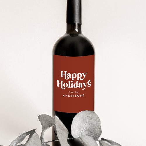 Retro Typography Brown Happy Holidays Wine Label