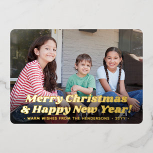 Retro Typography Christmas & New Years 2 Photo Foil Holiday Card