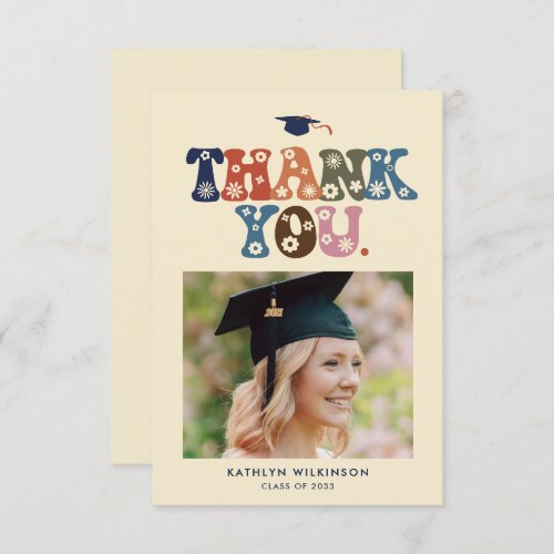 Retro Typography Colorful Trendy Photo Graduation Thank You Card