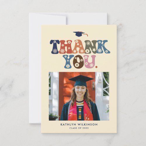 Retro Typography Colorful Trendy Photo Graduation Thank You Card