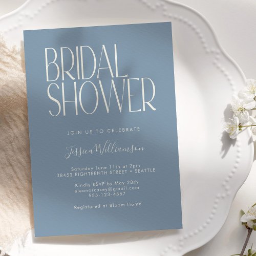 Retro Typography Elegant Dusty Blue Bridal Shower Invitation