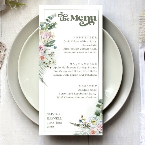 Retro Typography Floral Boho Sage Green Wedding Menu