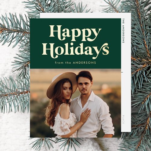 Retro Typography Green Happy Holidays Photo Foil Holiday Postcard