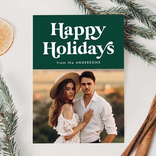 Retro Typography Green Happy Holidays Photo Holiday Card