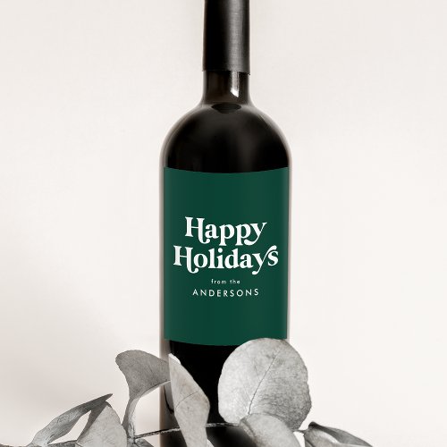 Retro Typography Green Happy Holidays Wine Label