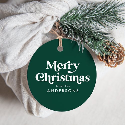 Retro Typography Green Merry Christmas Favor Tags