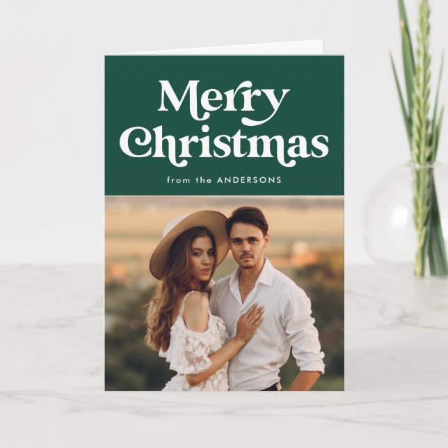 Retro Typography Green Merry Christmas Photo Holiday Card (Front)