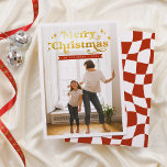 Retro Typography Groovy Merry Christmas Photo Holiday Card<br><div class="desc">A bold and retro Christmas photo card design. The front showcases a custom photo of your choice inside an elegant white border. At the top, "Merry Christmas" is printed in faux gold in retro-style hippie typography with whimsical flourishes and swirls. The typography is decorated with hand-drawn stars and sparkles. Below...</div>