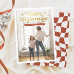 Retro Typography Groovy Merry Christmas Photo Holiday Card<br><div class="desc">A bold and retro Christmas photo card design. The front showcases a custom photo of your choice inside an elegant white border. At the top, "Merry Christmas" is printed in faux gold in retro-style hippie typography with whimsical flourishes and swirls. The typography is decorated with hand-drawn stars and sparkles. Below...</div>