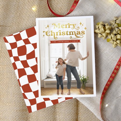 Retro Typography Groovy Merry Christmas Photo Holiday Card
