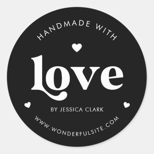 Retro Typography Handmade with Love Heart Black Classic Round Sticker