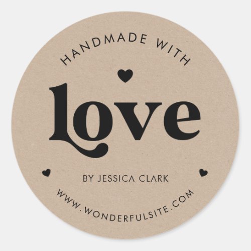 Retro Typography Handmade with Love Heart Kraft  Classic Round Sticker