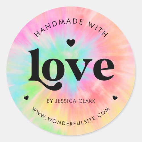 Retro Typography Handmade with Love Heart Tie Dye Classic Round Sticker