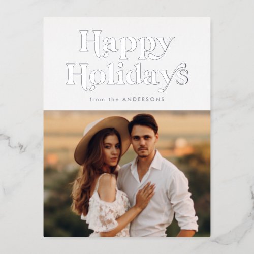 Retro Typography Happy Holidays Photo Silver Foil Holiday Postcard