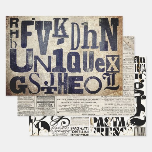 RETRO TYPOGRAPHY HEAVY WEIGHT DECOUPAGE WRAPPING PAPER SHEETS