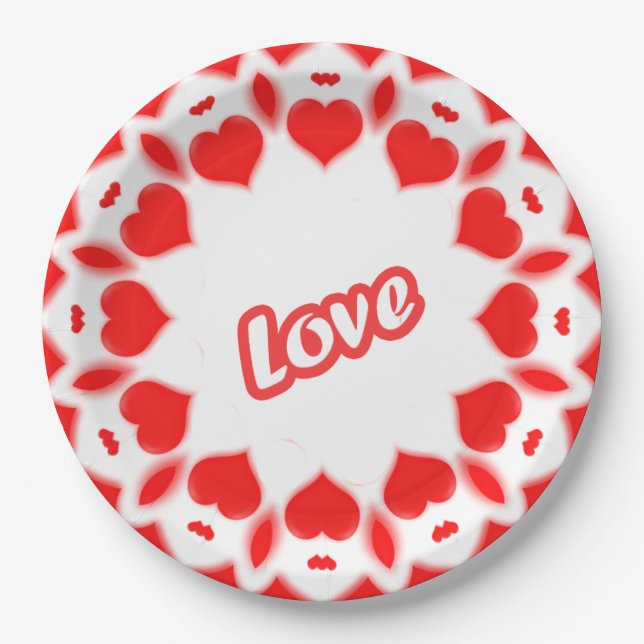 Retro Typography "Love" Red Valentine Hearts Paper Plates (Front)