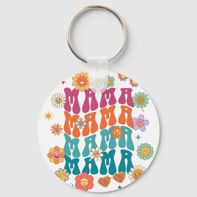  Retro typography Mama Mama Floral Smiley Face Keychain (Front)