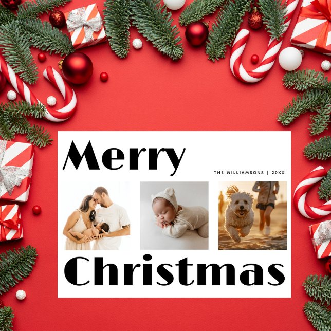 Retro Typography Merry Christmas 3 Photo Collage Holiday Card (Creator Uploaded)