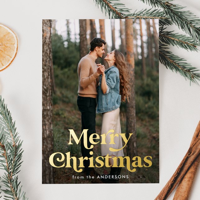 Retro Typography Merry Christmas Photo Foil Holiday Card (Creator Uploaded)