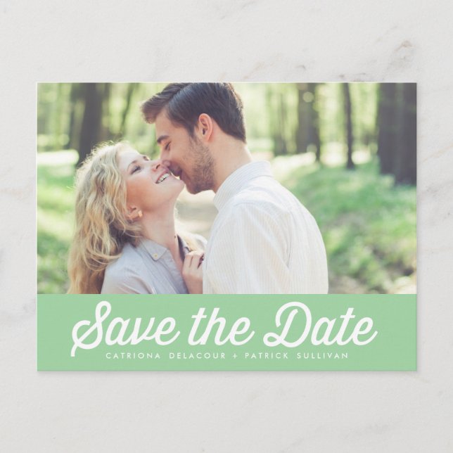 RETRO TYPOGRAPHY MINT GREEN SAVE THE DATE POSTCARD (Front)