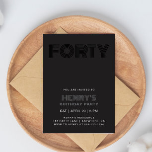 Retro Typography Modern Black 40th Birthday Invitation