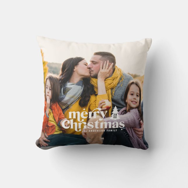 Retro typography modern photo holiday christmas throw pillow (Front)
