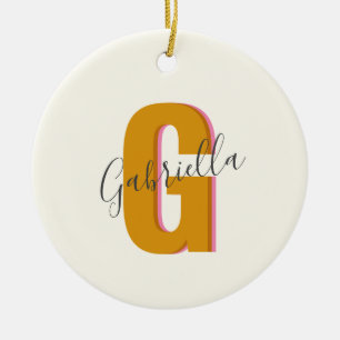 Retro Typography Monogram Initial Name in Yellow Ceramic Ornament