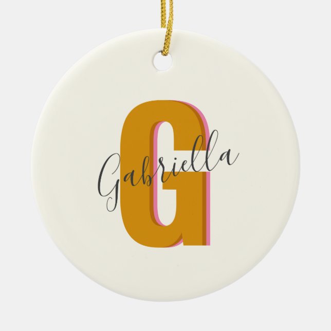 Retro Typography Monogram Initial Name in Yellow Ceramic Ornament (Front)