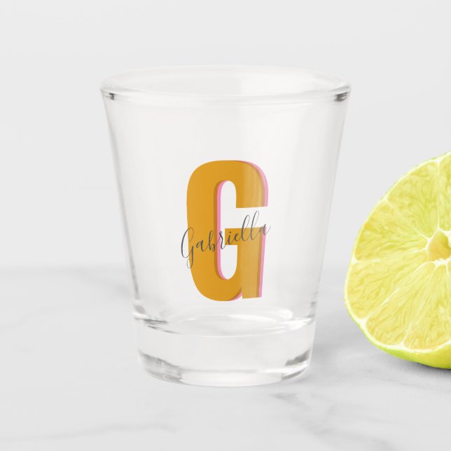 Retro Typography Monogram Initial Name Mustard  Shot Glass (Front)