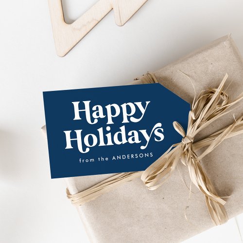 Retro Typography Navy Blue Happy Holidays Gift Tags