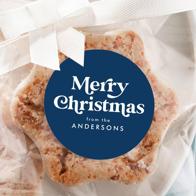 Retro Typography Navy Blue Merry Christmas Classic Round Sticker (Creator Uploaded)