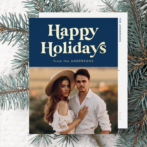 Retro Typography Navy Happy Holidays Photo Foil Holiday Postcard