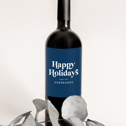 Retro Typography Navy Happy Holidays Wine Label