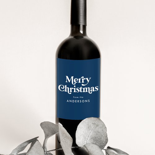 Retro Typography Navy Merry Christmas Wine Label