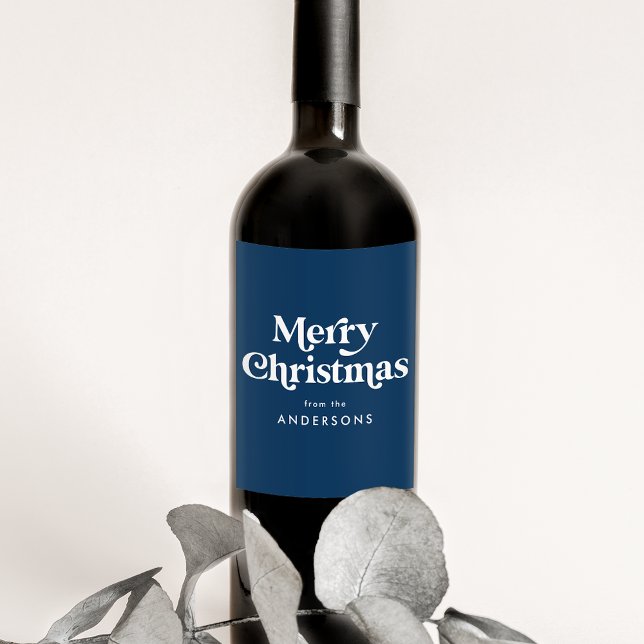 Retro Typography Navy Merry Christmas Wine Label (Creator Uploaded)