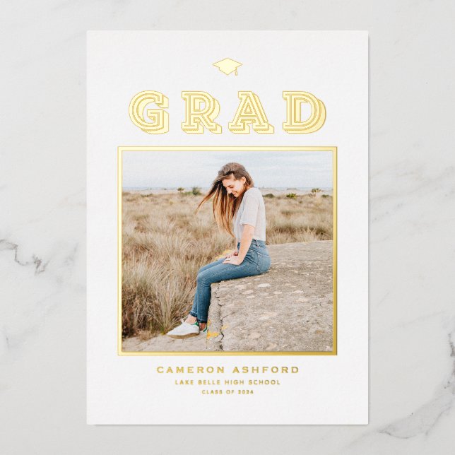 Retro Typography Photo Graduation Gold Foil Invitation (Front)