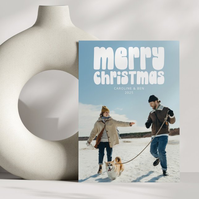 Retro Typography Photo Merry Christmas  Holiday Card (Creator Uploaded)