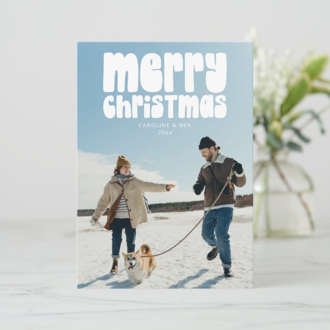 Retro Typography Photo Merry Christmas Letter Holiday Card (Standing Front)