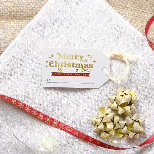 Retro Typography Red  Gold Groovy Merry Christmas Gift Tags