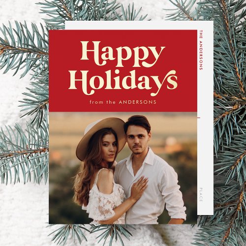 Retro Typography Red Happy Holidays Photo Foil Holiday Postcard
