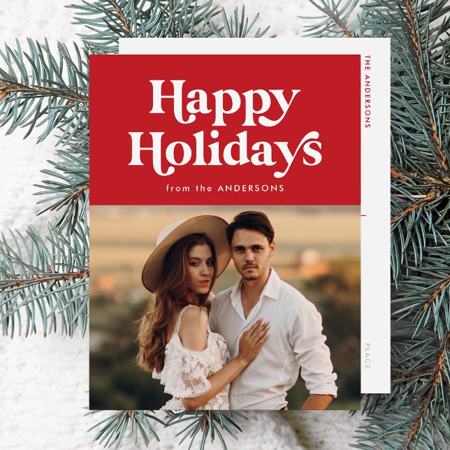 Retro Typography Red Happy Holidays Photo Holiday Postcard (Creator Uploaded)