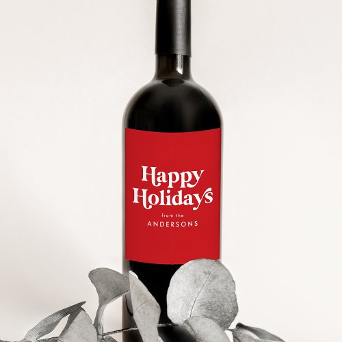 Retro Typography Red Happy Holidays Wine Label