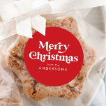 Retro Typography Red Merry Christmas Classic Round Sticker<br><div class="desc">Simple Christmas stickers featuring "Merry Christmas" displayed in white retro-style lettering with a red background. Personalize the red Christmas stickers with your name or custom text. The stylish holiday stickers are perfect to use for envelope seals, gift wrapping, party favors, and more! Designed to coordinate with our Retro Typography Christmas...</div>