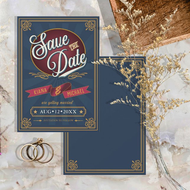 Retro Typography Save the Date Blue/Gold ID645 Invitation