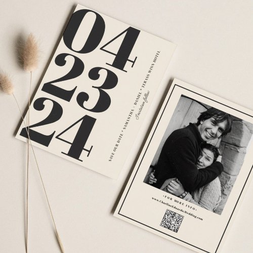 Retro Typography Vintage BW Number Photo Qr Code  Save The Date