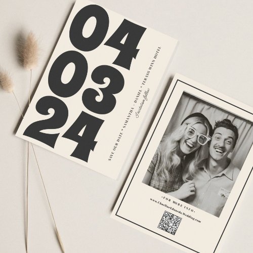 Retro Typography Vintage BW Number Photo Qr Code  Save The Date