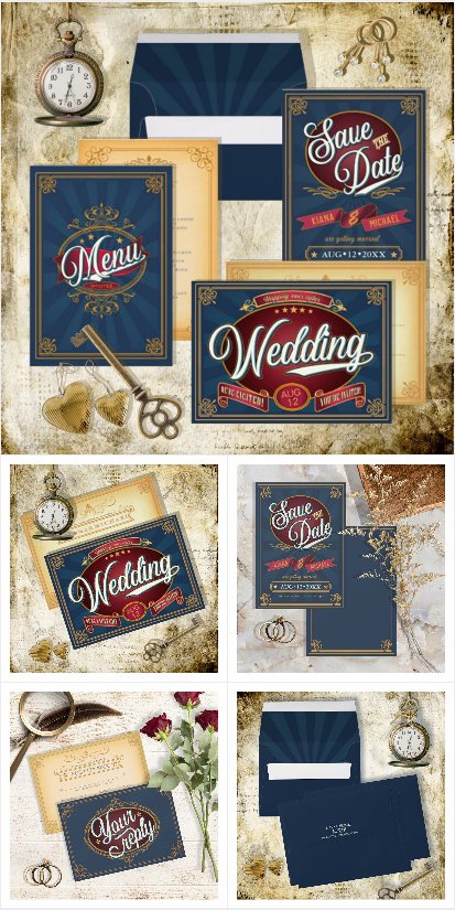 Retro Typography Wedding Blue/Gold