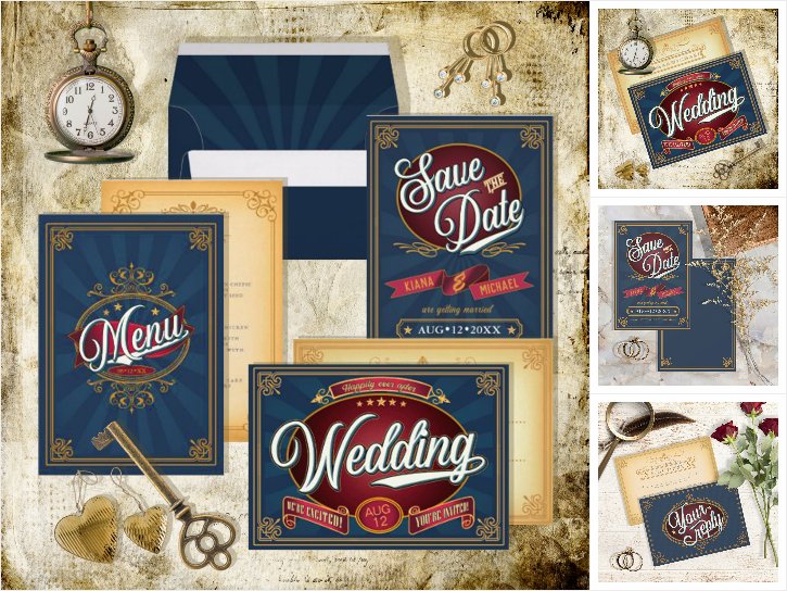 Retro Typography Wedding Blue/Gold